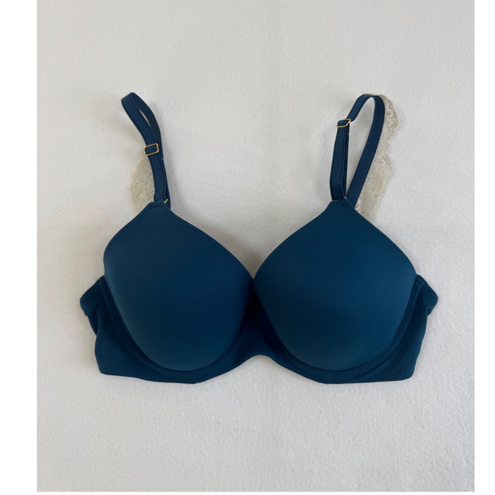 Lace‎ Trim Soma Embraceable Full Coverage Bra Women 34D Teal Ivory